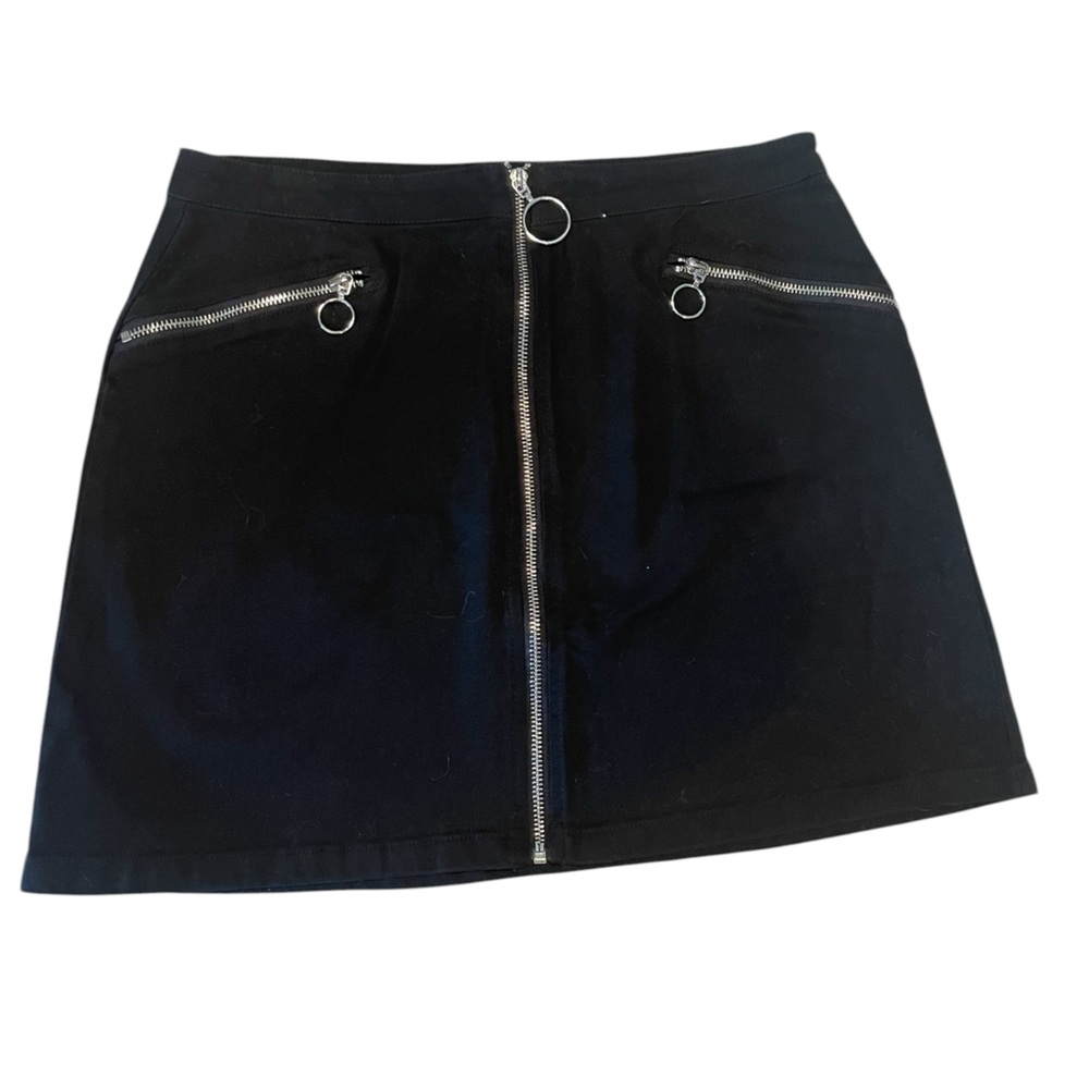 Signature 8 Black Zip Front Mini Skirt Silver Hardware Edgy Club Y2K Size Large